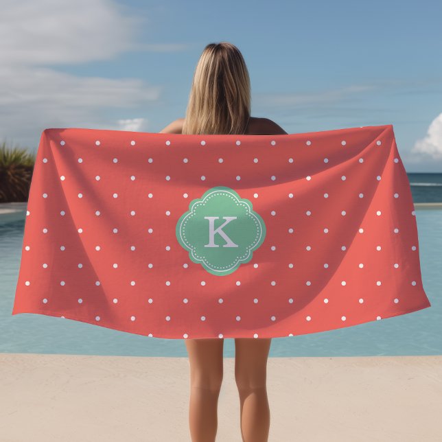 Korallen und Minze Polka Dots Mit Monogramm Strandtuch (Von Creator hochgeladen)