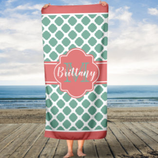 Korallen- und Minzquatrefolien-Monogramm-Badetuch Badehandtuch