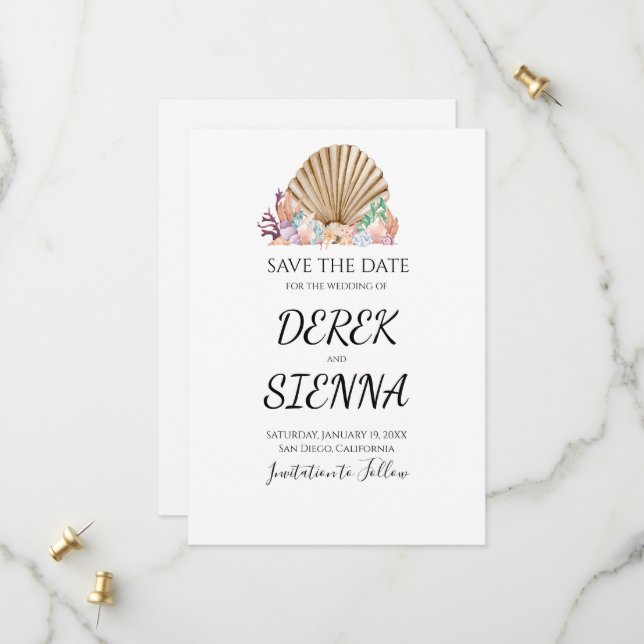 Korallen- und Muschelstrand-Hochzeit Save The Date (Vorderseite/Rückseite Beispiel)