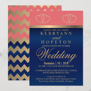 Korallen- und Navy-Blau mit Gold Hearts - Custom Einladung