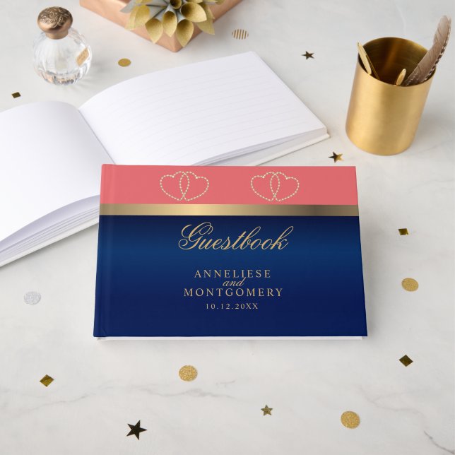 Korallen und Navy Blau mit Gold Hearts Gästebuch (Vorderseite Offen)