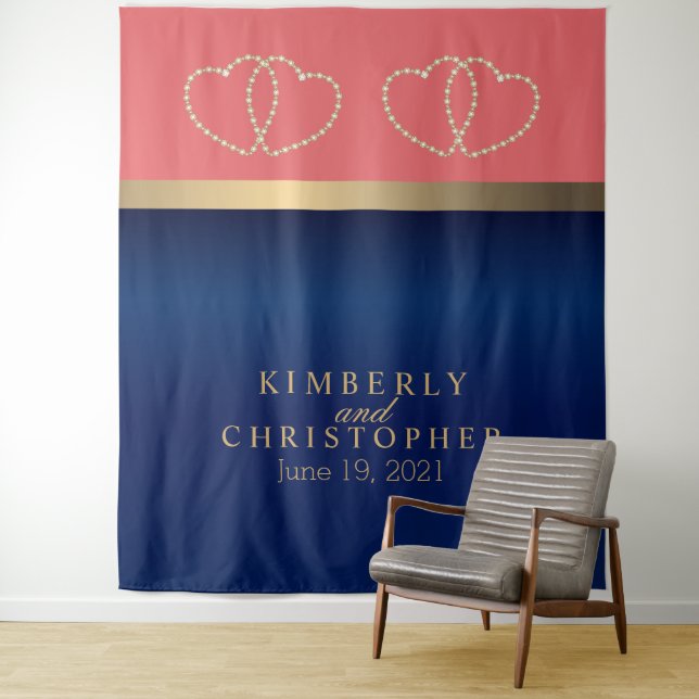 Korallen- und Navy-Blau mit Gold Hearts Wandteppich (Beispiel)