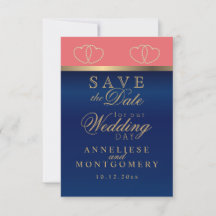 Korallen und Navy Blue Gold Hearts - Save the Date