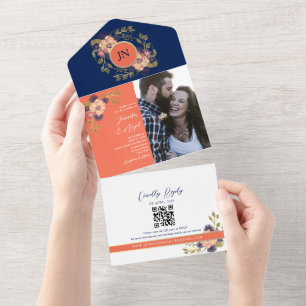 Korallen- und Navy-Blue-Hochzeit in einer Einladun All In One Einladung