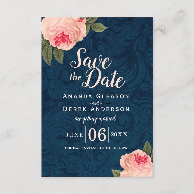 Korallen- und Navy-Blue-Shabby Chic Save the Date (Vorderseite)