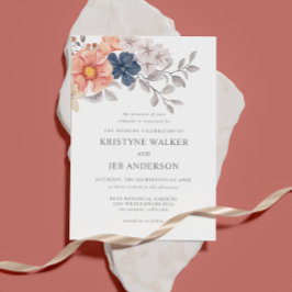 Korallen- und Navy-Blume | Elegante botanische Ein Einladung