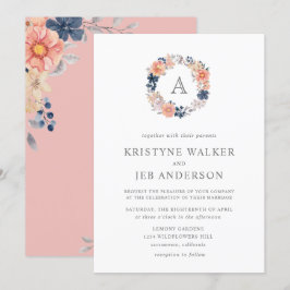 Korallen- und Navy-Blume | Monogramm Watercolor We Einladung