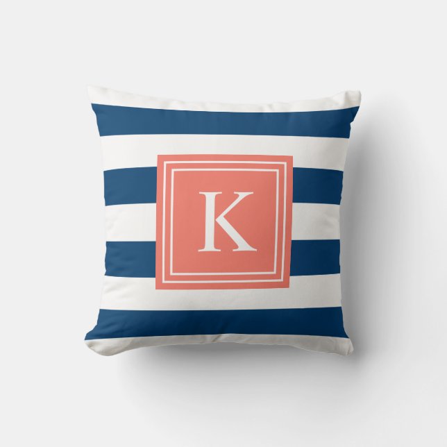 Korallen- und Navy-Monogramm-Streifen | Kissen (Vorderseite)