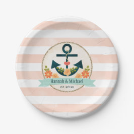 Korallen- und Navy-Nautical-Anchor-Polterabend Pappteller