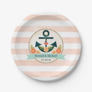 Korallen- und Navy-Nautical-Anchor-Polterabend Pappteller
