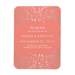 Korallen und Silberes Gipskraut Save the Date Magnet