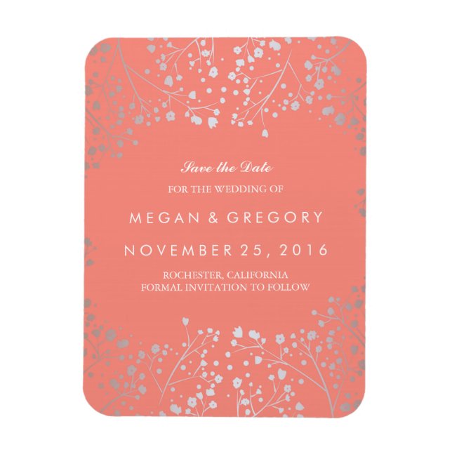 Korallen und Silberes Gipskraut Save the Date Magnet (Vertikal)
