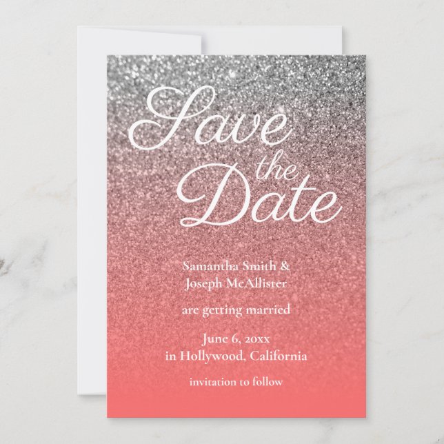 Korallen und Silver Ombre Glitzer Save the Date Einladung (Vorderseite)