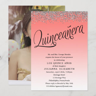 Korallen und Silver Quinceanera Foto Einladung