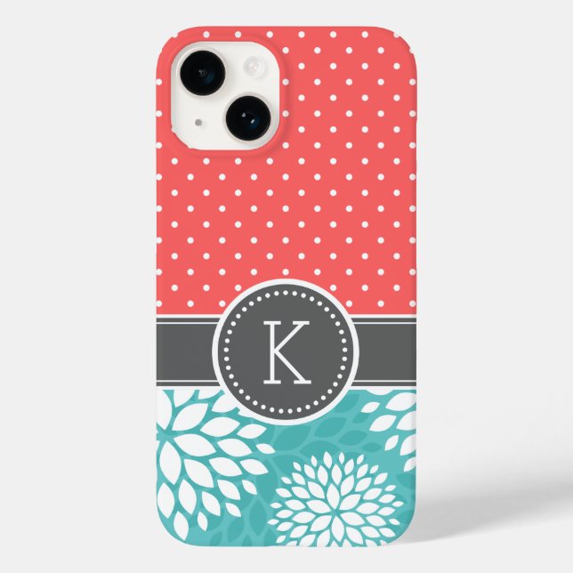 Korallen und Türkis Monogram Polka Dot Floral title_seo2 (Rückseite)