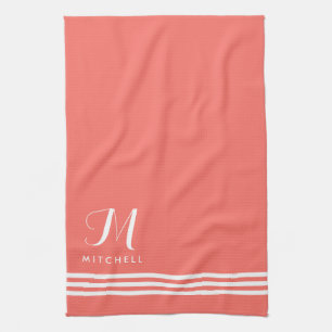 Korallen und Weiße Streifen und Monogramm Geschirrtuch