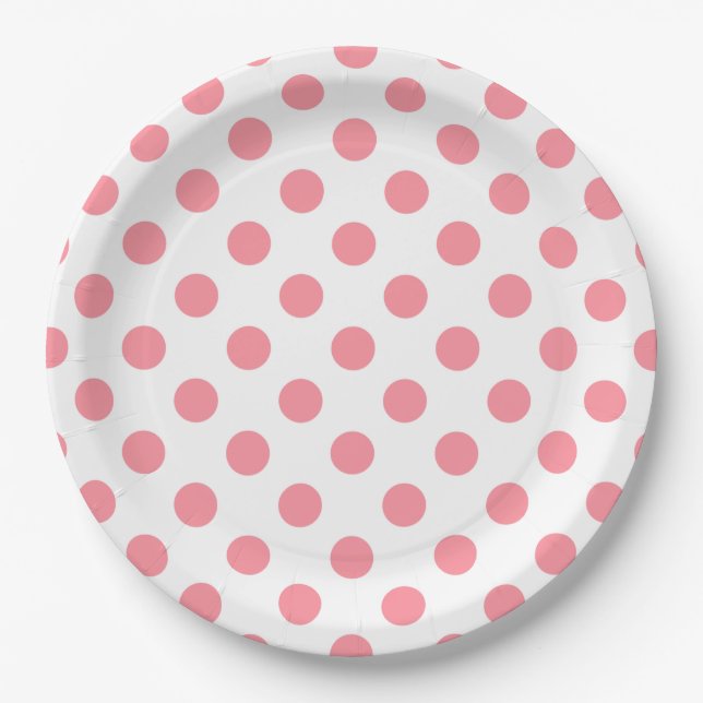 Korallen- und Weißpolka-Punkte Pappteller (Vorderseite)