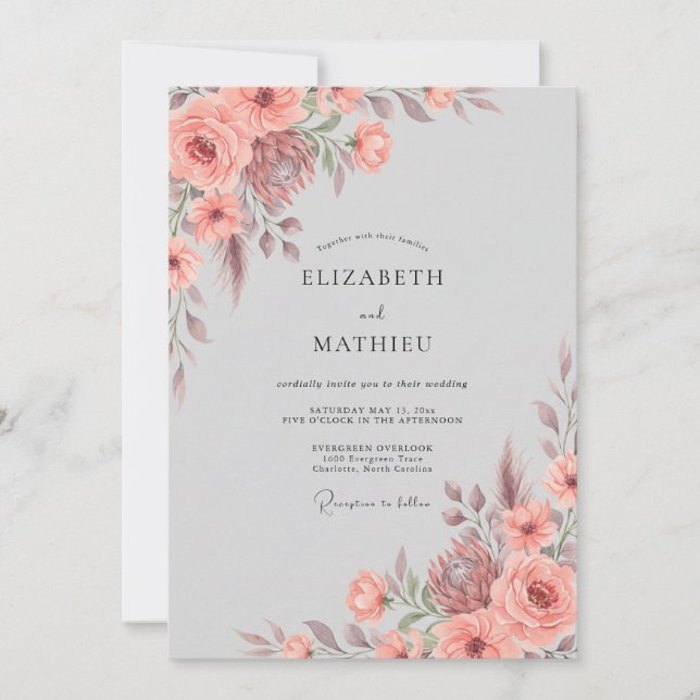 Korallen Üppige Botanische Hochzeit Einladung (Vorderseite)