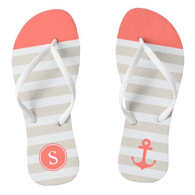 Korallenbeige Streifen - Niedliches Ankermongramm Flip Flops (Fußbett)