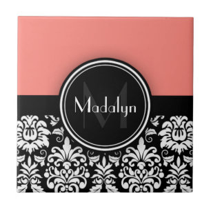 Korallenbeschriftung Schwarz-weiß Damask Monogram Fliese