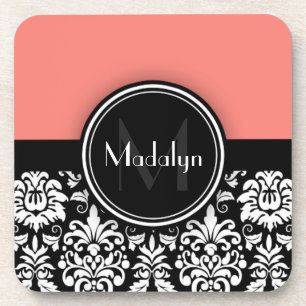 Korallenbeschriftung Schwarz-weiß Damask Monogram Untersetzer