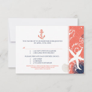 Korallenblau-Weißes Nautisches Hochzeits-Menü Wahl RSVP Karte