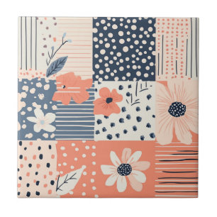 Korallenblaue Navy Florale Patchwork-Quilt-Muster Fliese