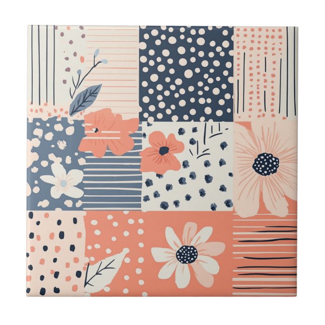 Korallenblaue Navy Florale Patchwork-Quilt-Muster Fliese (Vorderseite)