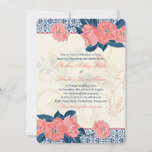 Korallenblaue Vintage-Blumen-Hochzeitseinladung Einladung