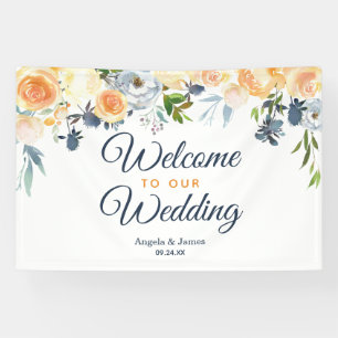Korallenblaue Wasserfarben-Blumen-Hochzeitsbegrüßu Banner