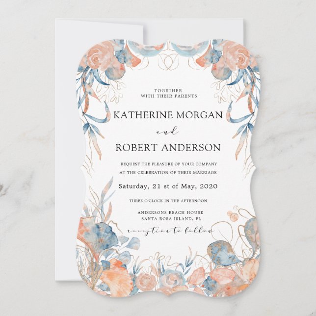 Korallenblauluftige romantische Hochzeit Einladung (Vorderseite)