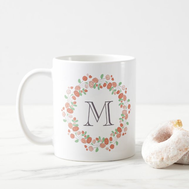 Korallenblumenmonogramm Kaffeetasse (Mit Donut)