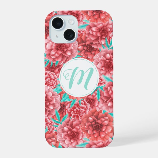 Korallenblumenmuster & Monogramm iPhone 15 Hülle (Rückseite)