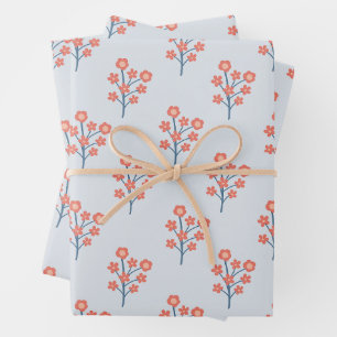 Korallenblüten-Zweige auf nebligem Blau-Muster  Geschenkpapier Set