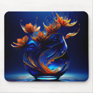Korallenfarbene Blumen, die aus einer blauen Vase Mousepad