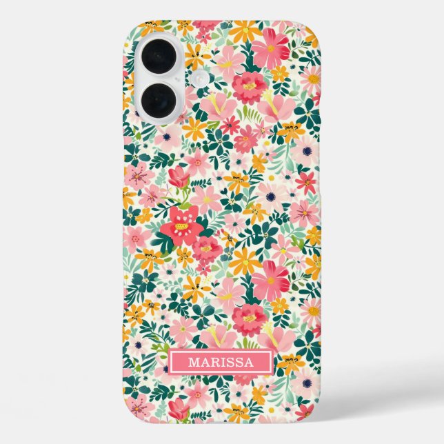 Korallenfarbene Ditsy-Blumen mit Monogramm iPhone 16 Plus Hülle (Rückseite)