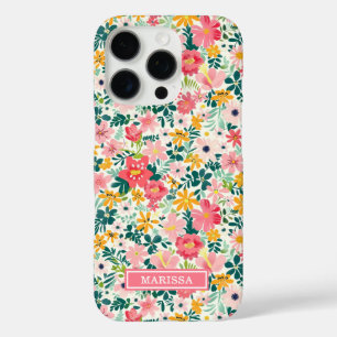 Korallenfarbene Ditsy-Blumen mit Monogramm iPhone 16 Pro Hülle
