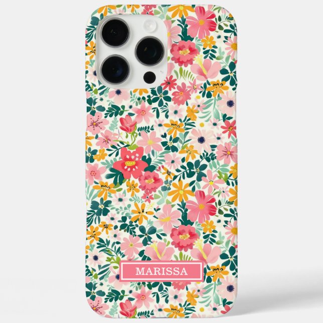 Korallenfarbene Ditsy-Blumen mit Monogramm iPhone 16 Pro Max Hülle (Rückseite)