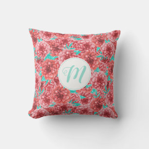 Korallenflorale Muster und Monogramm Kissen