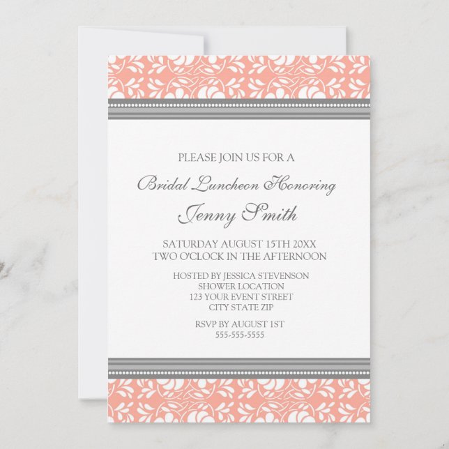 Korallengrau Damask Bridal Lunch Einladungskarten (Rückseite)
