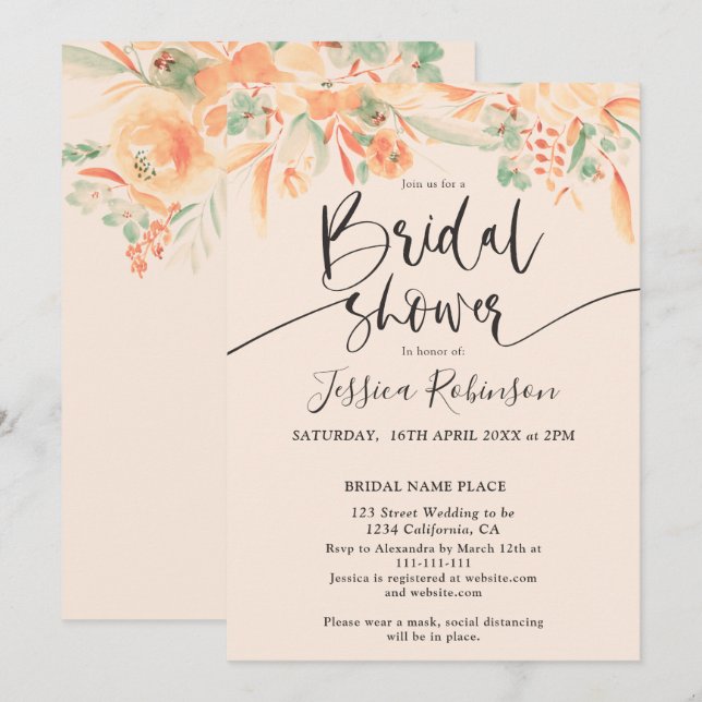 Korallengrünes, florales Brautparty boho Einladung (Vorne/Hinten)