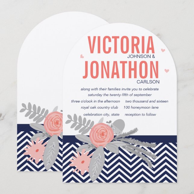 KorallenMarine und Rosa Zig Zag und Hochzeiten mit Einladung (Vorne/Hinten)