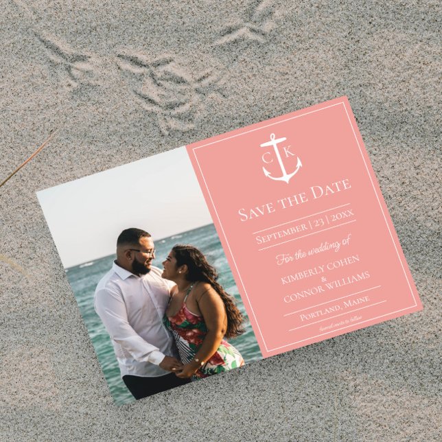 Korallennautisches Monogramm-Foto Save the Date (Coral Nautical Monogram Photo Save the Date)