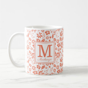 Korallenpfirsich-Tropenblumen-Monogramm Kaffeetasse