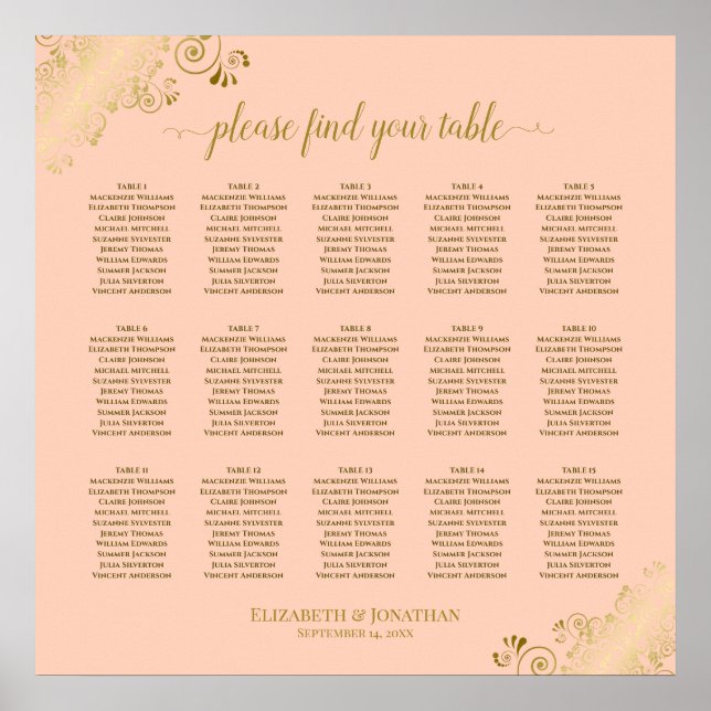 Korallenpfirsich und Gold 15 Tabelle Hochzeitskart Poster (Vorne)