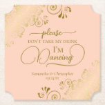 Korallenpfirsich und Gold Nimm mir nicht die Hochz Untersetzer<br><div class="desc">Dieser Untersetzer ist elegant, stilvoll und macht Spaß! Es zeichnet sich durch ein wunderschönes Design aus Korallenpfirsiche und goldfarbene Farben aus, mit modernen Schriftzeichen und zarten goldenen Gardinen und Wirbel in den Ecken. Der Text lautet "Bitte nimm meinen Drink nicht, ich tanze" mit Platz für die Namen des Paares und...</div>