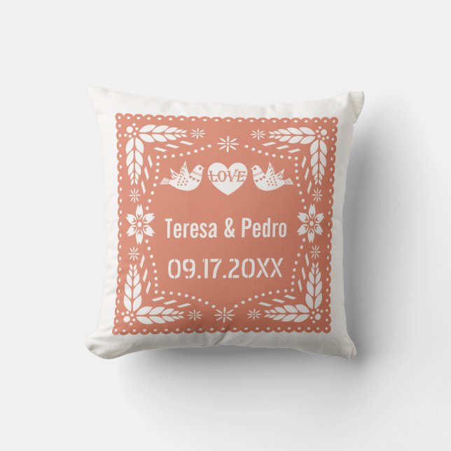 Korallenpfirsichpapel picado Liebesvögel Hochzeit Kissen (Vorderseite)