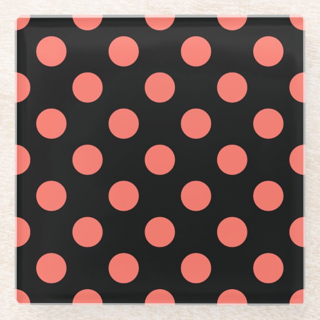 Korallenpolka-Punkte auf schwarz Glasuntersetzer (Vorderseite)