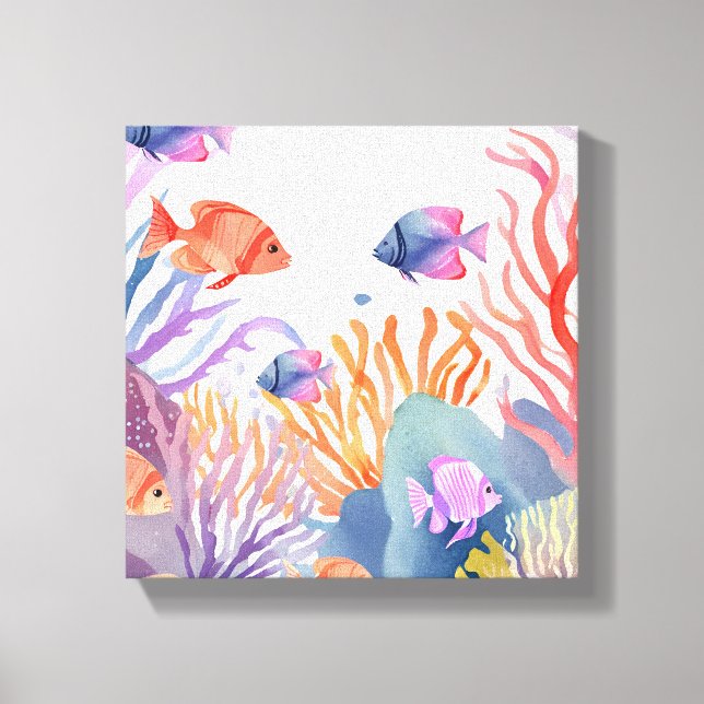 Korallenriff | Aquarellfarbener Fisch Leinwanddruck (Vorderseite)