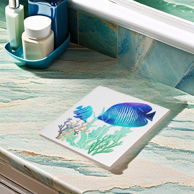 Korallenriff Fische Aquarellfarben Marine Leben Fliese (Ocean Reef fish tile in bathroom setting product mockup)
